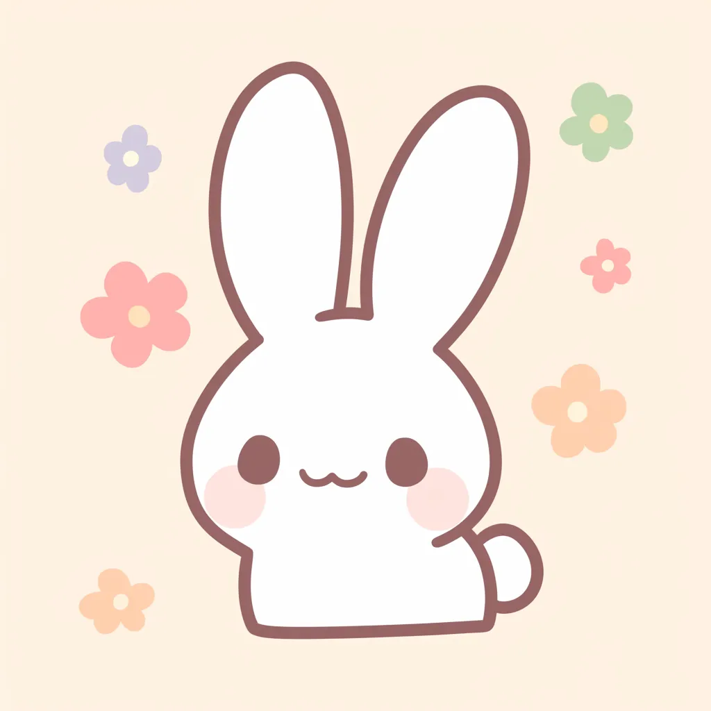 大人かわいいアイコン うさぎ笑顔｜花々に囲まれた白いうさぎが、ふっくらとした頬とやわらかな笑顔を見せる大人かわいいアイコン。丸みのあるシンプルなデザインが穏やかな安心感を生み、見ているだけで気持ちを和ませます。