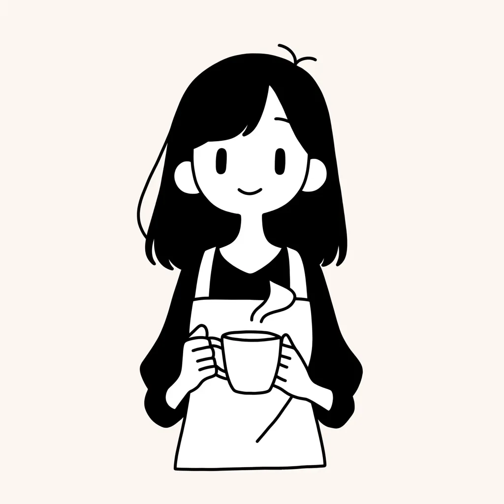 おしゃれインスタカフェ女子アイコン｜エプロン姿でカップを持つ女性が描かれたおしゃれインスタカフェ女子アイコン。モノトーンのシンプルな線が、落ち着いた雰囲気と温かさを両立しています。