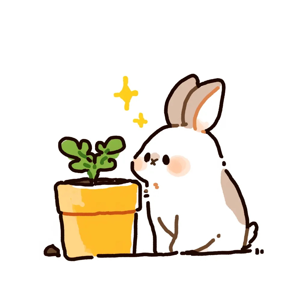 おしゃれインスタうさぎアイコン｜植木鉢を見つめるうさぎが描かれたおしゃれインスタうさぎアイコン。鮮やかな黄色と緑の対比が印象的で、温かみのある柔らかなタッチが魅力です。