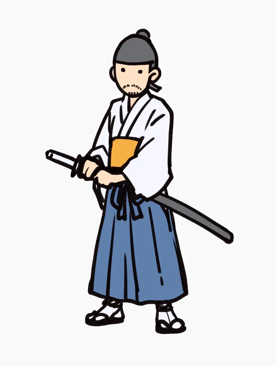 武士の穏やかな剣士｜素朴な線で描かれた武士のイラスト。柔らかなタッチが落ち着いた雰囲気を生み、剣を携えながらも静かな知性を感じさせる。シンプルな色使いが親しみやすい印象を与える。