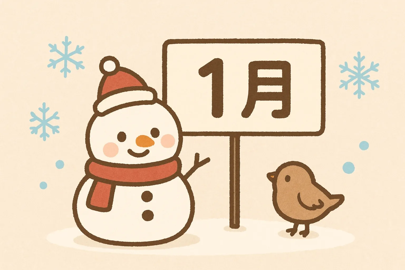 かわいい1月の雪だるまと小鳥の素材｜やわらかいタッチで描かれた雪だるまと小鳥が並ぶ構図です。親しみやすい線と落ち着いた色合いが特徴で、かわいい1月をテーマにした冬らしい雰囲気が伝わります。ビジネス写真素材として季節感を演出する場面に適しています。