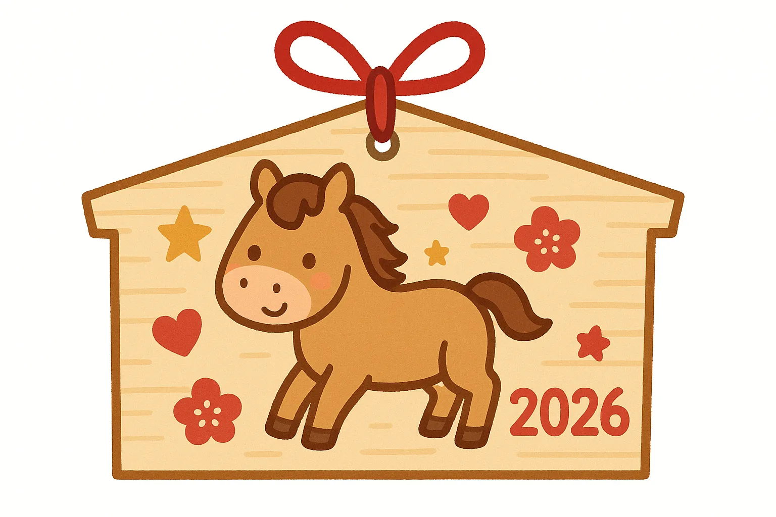 午年の絵馬かわいい馬キャラクター｜丸みを帯びたかわいらしい馬と星やハートが描かれたポップな絵馬です。明るく親しみやすい印象で、午年の絵馬を親近感を持って伝えるビジネス素材として活用できます。