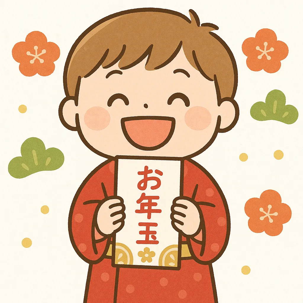 かわいいお正月お年玉を持つ子供｜満面の笑みでお年玉袋を掲げる子供が描かれています。華やかな背景と組み合わせた明るい雰囲気が特徴で、かわいいお正月を楽しく表現するビジネス写真素材として使えます。