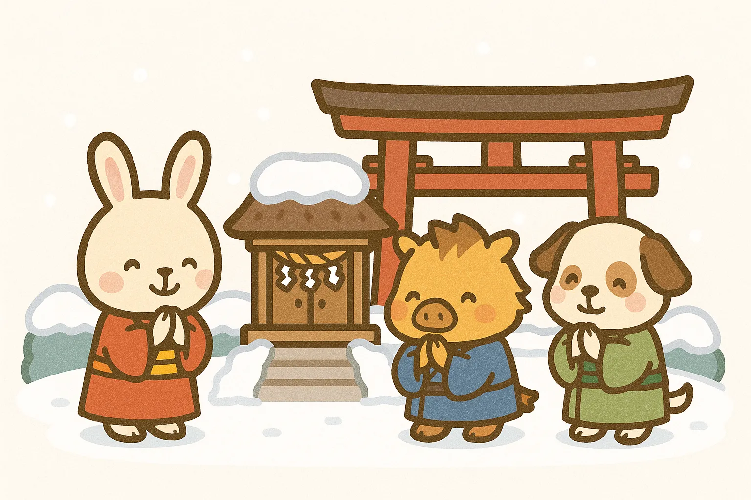 かわいいお正月神社に参拝する動物｜うさぎやいのしし、いぬが神社に参拝する愛らしいイラストです。雪景色と鳥居の組み合わせが特徴で、かわいいお正月の雰囲気を和やかに伝えるビジネス利用に向いています。