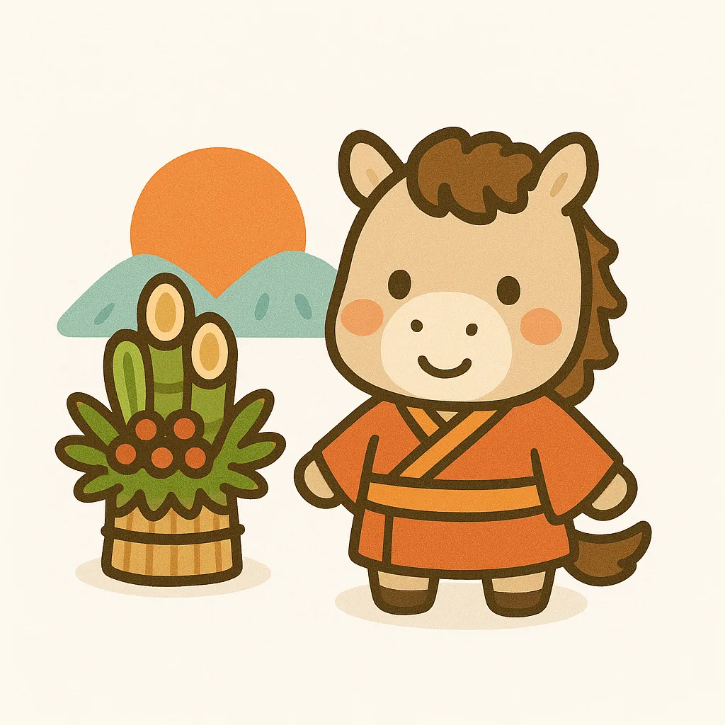 かわいいお正月着物姿の馬と門松｜赤い着物を着た馬と門松、朝日を背景にした構図です。親しみやすい表情と新春らしい小物が調和し、かわいいお正月を象徴的に描く写真素材として活用可能です。
