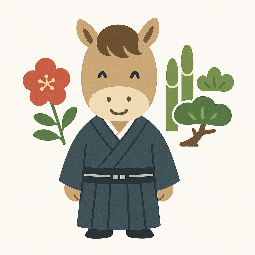 おしゃれお正月着物姿の馬｜着物を着た馬のキャラクターが松竹梅と共に描かれています。落ち着いた色合いと親しみやすいデザインが特徴で、おしゃれお正月を演出する広告や挿絵素材として活用できます。
