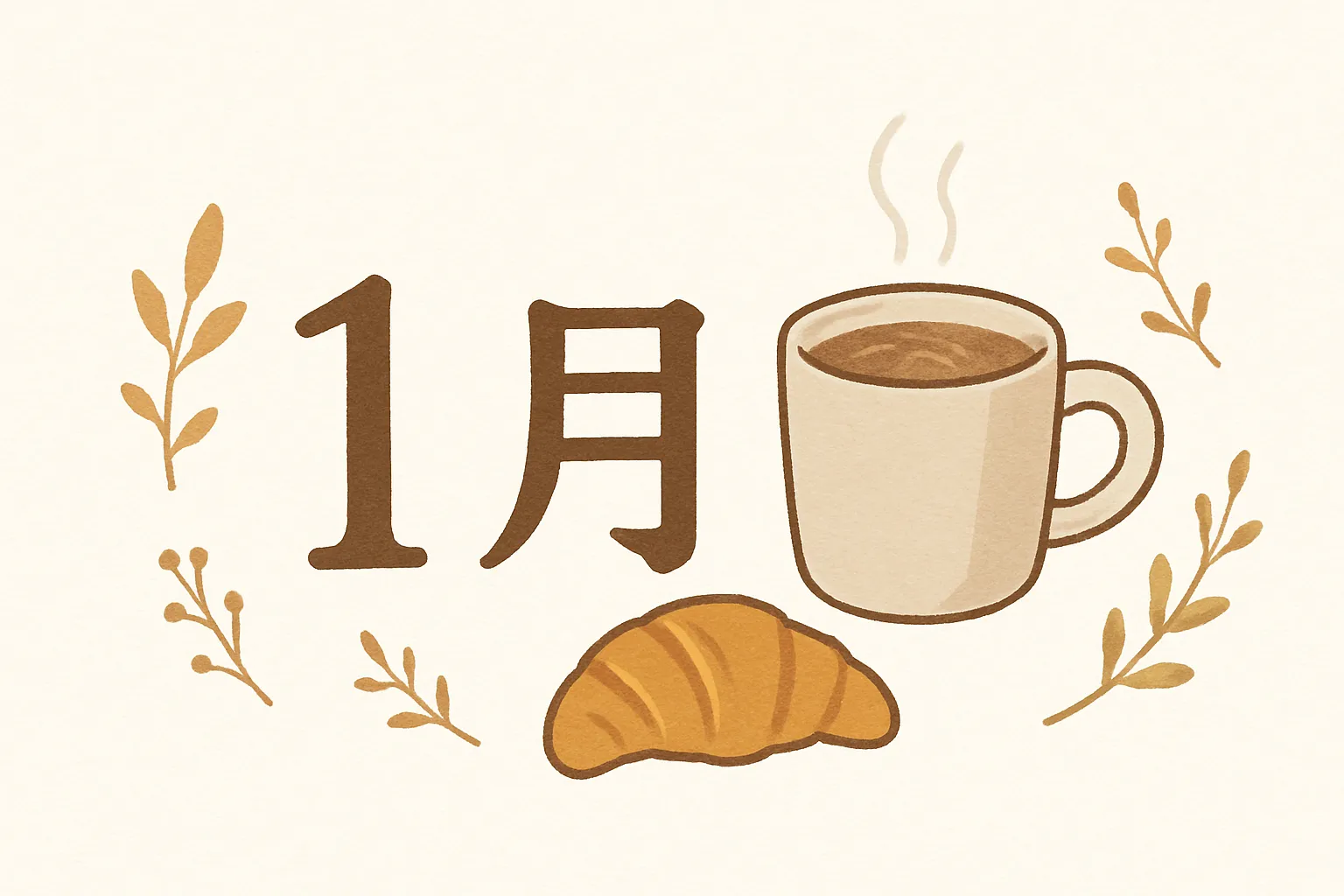 おしゃれ1月のコーヒーとパンの素材｜コーヒーカップとクロワッサンが柔らかい色調で描かれたイラストです。シンプルで落ち着いたトーンが、おしゃれ1月をカジュアルかつ洗練された印象で表現しています。ライフスタイル関連のビジネス素材に適しています。