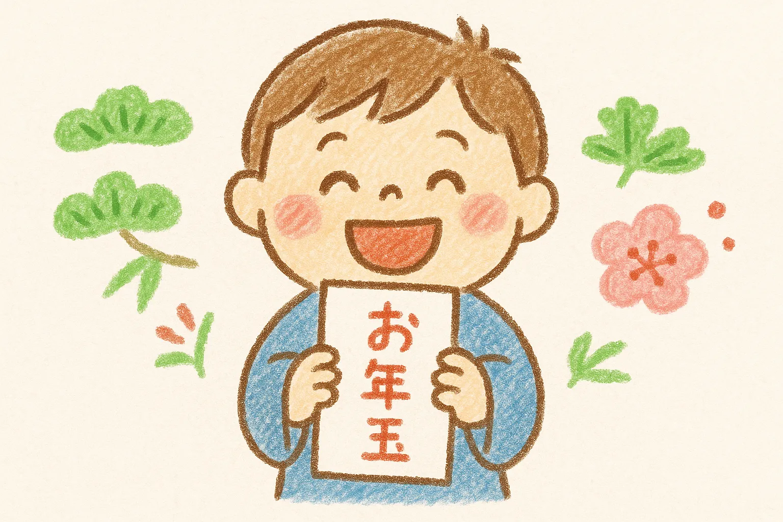 手書きお正月お年玉を持つ子供｜クレヨン風タッチでお年玉袋を掲げる子供が描かれています。素朴で温かい表現が特徴で、手書きお正月の雰囲気を親しみやすく伝える素材として利用できます。
