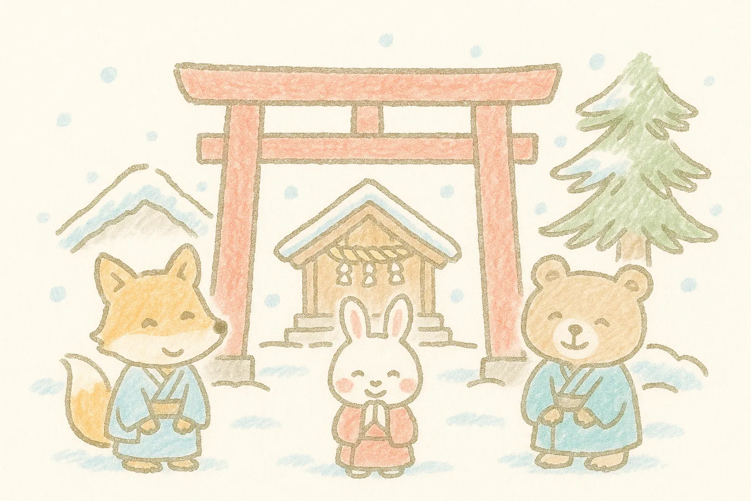 手書きお正月神社に参拝する動物たち｜きつね、うさぎ、くまが雪の中で神社に参拝しているイラストです。柔らかな色合いと線が特徴で、手書きお正月の風情を可愛らしく表現する写真素材に適しています。