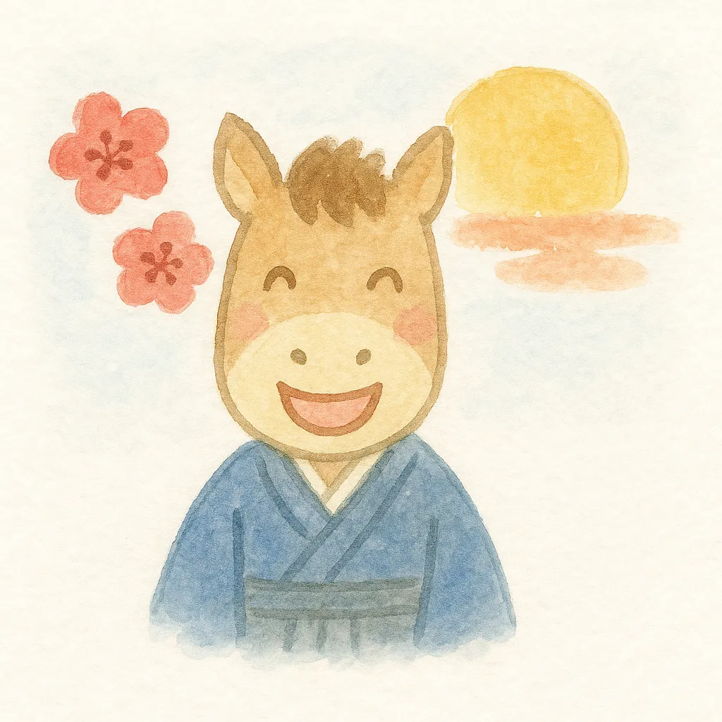 手書きお正月着物姿の馬と日の出｜青い着物を着た馬のキャラクターと日の出、梅の花が描かれています。水彩調の穏やかな質感が特徴で、手書きお正月を華やかに表すビジネス用素材に適しています。