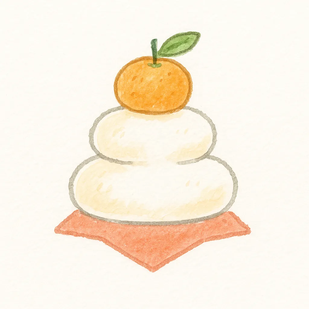 手書きお正月鏡餅とみかん｜三段重ねの鏡餅の上にみかんが乗ったシンプルなイラストです。温かみある淡い筆致が魅力で、手書きお正月を象徴する定番アイテムを柔らかく表現しています。