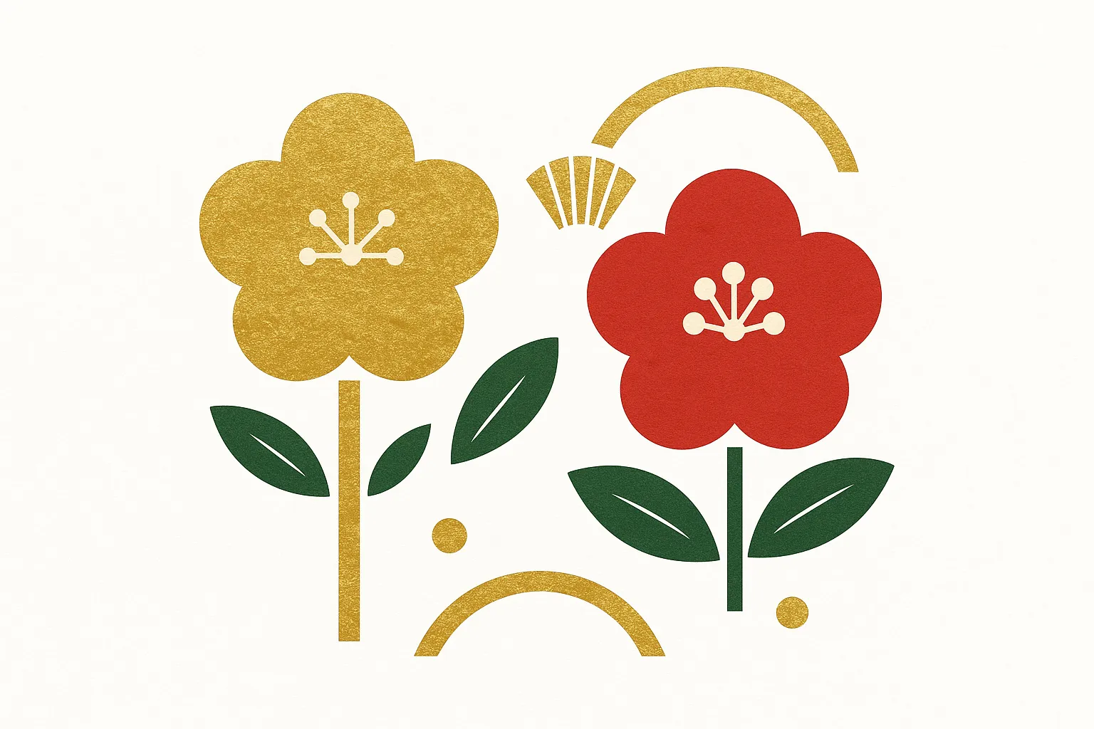 お正月の花金と赤の梅の装飾｜金色と赤色でデザインされた梅の花が幾何学的に並び、華やかな印象を与えます。モダンで洗練されたデザインで、お正月の花をスタイリッシュに伝える素材です。