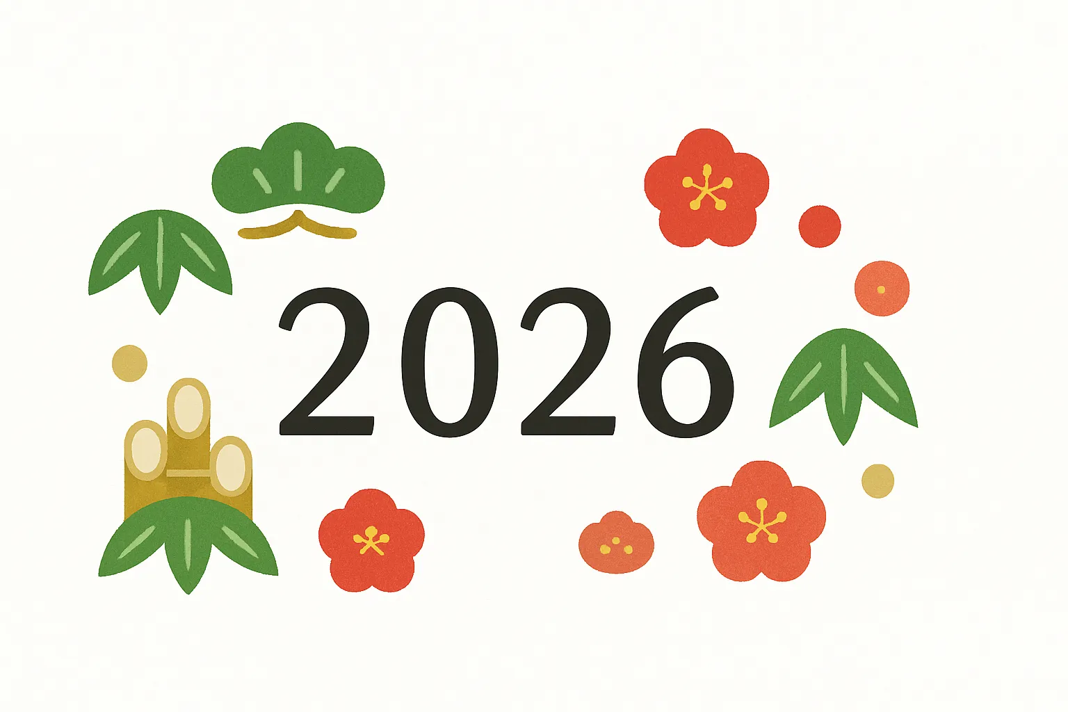 お正月2026の門松と梅の花｜松竹梅と梅の花を組み合わせたデザインで、中央に2026の文字が映える構成です。お正月2026を象徴する要素をシンプルにまとめ、年賀状や挨拶用のビジネス素材として清潔感のある雰囲気を伝えます。