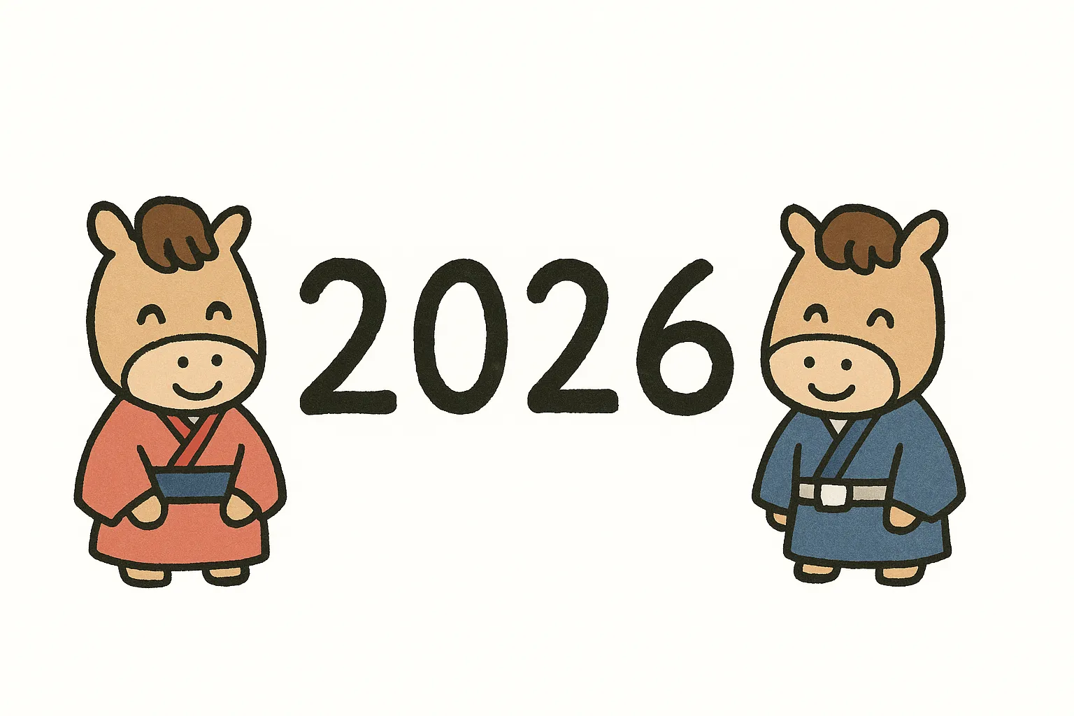 お正月2026の馬キャラクター｜馬のキャラクターが2026の文字を挟む形で配置され、親しみやすさを演出しています。かわいらしい表現でお正月2026を伝え、子ども向けやカジュアルな企業素材にも適しています。