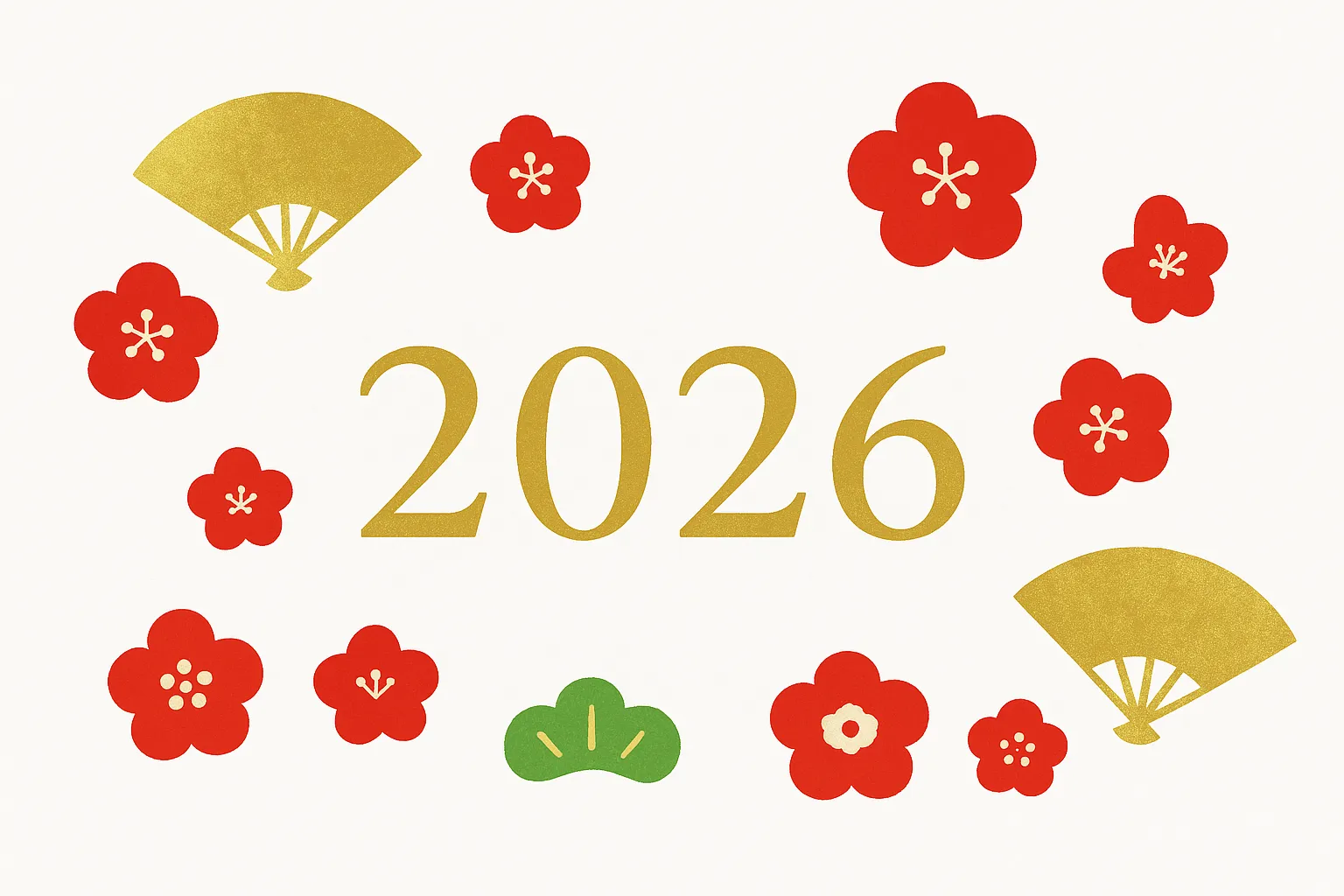 お正月2026の扇子と梅の花｜鮮やかな梅の花と金の扇子で囲んだ華やかなデザインです。お正月2026の祝いの雰囲気をしっかり伝え、高級感や明るさを兼ね備えた年始向けのビジネス素材に最適です。