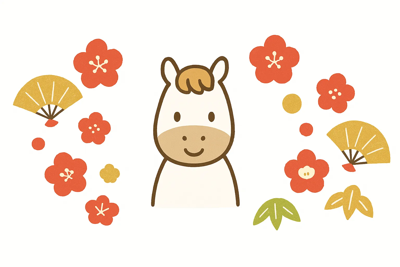お正月の馬と梅の花のイラスト｜柔らかな線で描かれたお正月の馬と梅の花が並び、縁起の良い雰囲気を演出しています。お正月の馬を中心に据えた構図は、年賀デザインや季節感を表す素材として活用しやすいスタイルです。