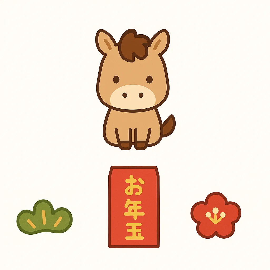 お正月の馬とお年玉のイラスト｜かわいらしいお正月の馬が正面に座り、下にはお年玉袋が描かれています。明快な構図と温かい色合いが特徴で、お正月の馬を親しみやすく表現したビジネス用途の素材として活かせます。