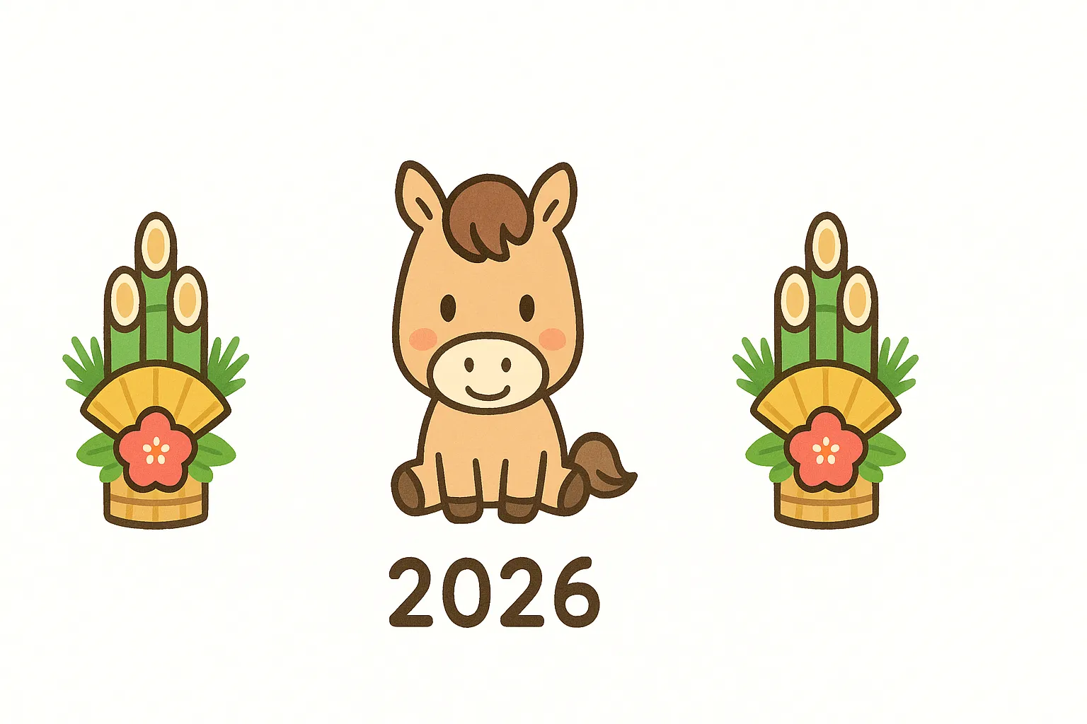 お正月の馬と門松のイラスト｜中央にかわいいお正月の馬、左右に門松を配置した対称的な構図です。華やかで親しみやすい雰囲気を持ち、2026の文字も添えられているため、年賀や新年の告知素材として使いやすいデザインです。