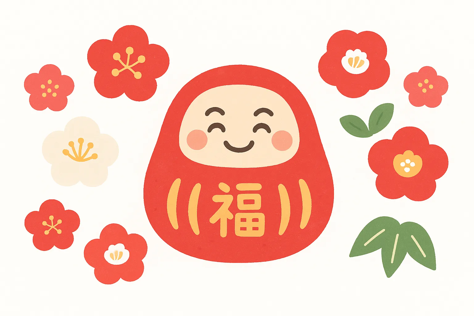 お正月だるまと梅の花のイラスト｜赤や白の梅の花に囲まれたお正月だるまのデザインです。華やかさが強調され、正月の雰囲気を豊かに演出し、SNS投稿や広告素材に効果的です。
