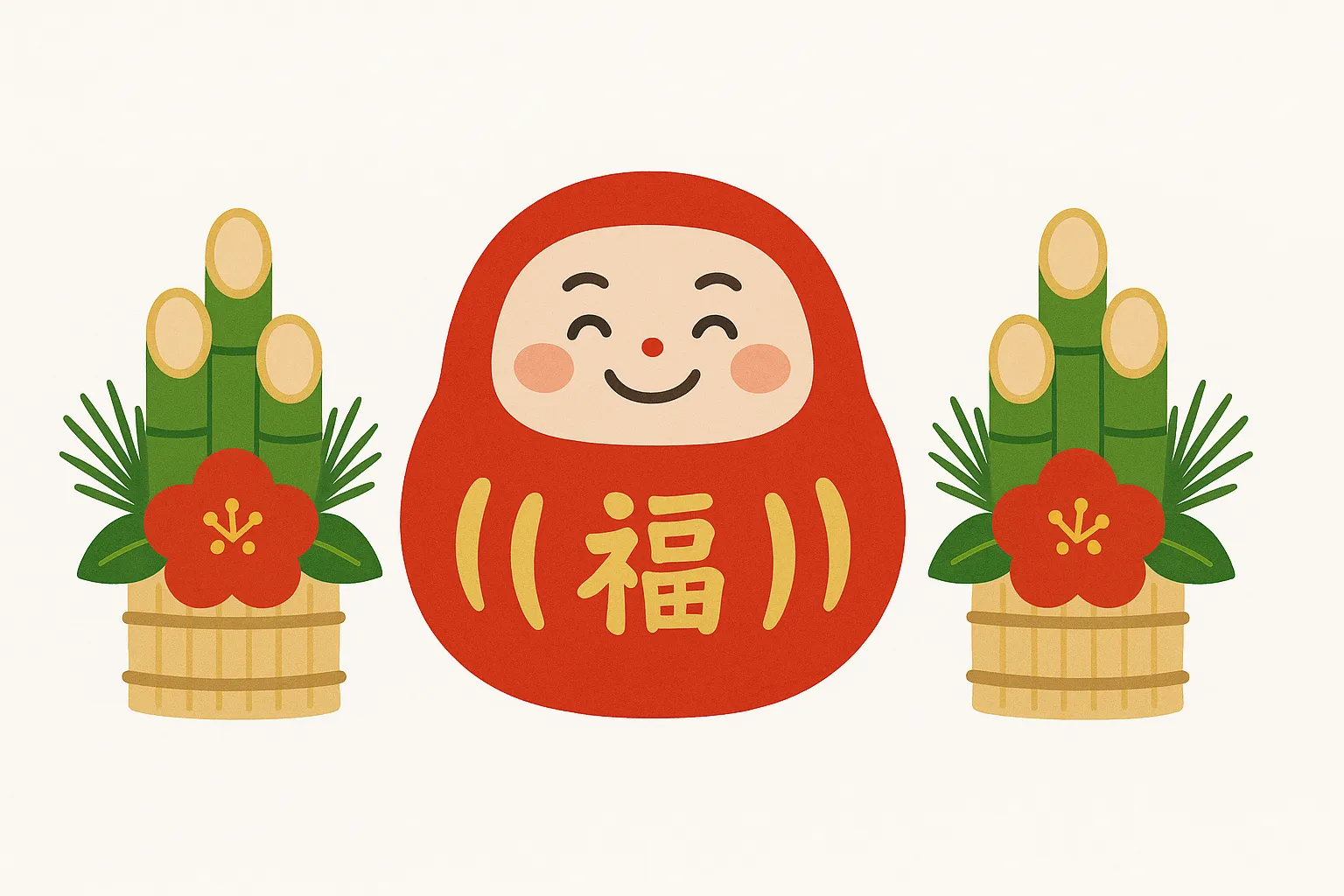 お正月だるまと門松のイラスト｜両脇に門松を配したお正月だるまのデザインです。伝統的で格式を感じさせる構成で、企業の年賀広告や公式の挨拶用素材として信頼感を高める写真素材です。
