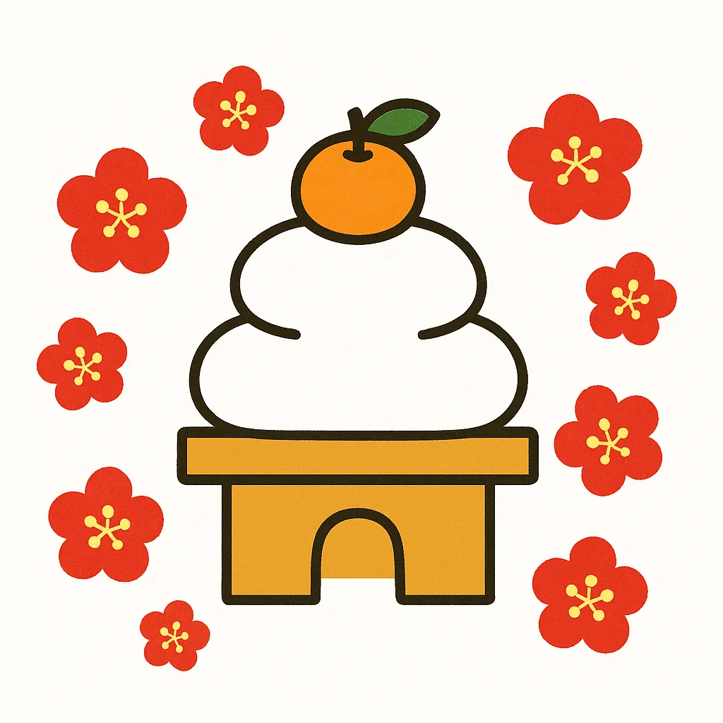お正月鏡餅とだるまのイラスト｜明るい色使いで描かれたお正月鏡餅にだるまを添えたイラストです。華やかさと縁起の良さを兼ね備え、新年の企画や販促資料に活力を与えるビジネス写真素材として効果的です。