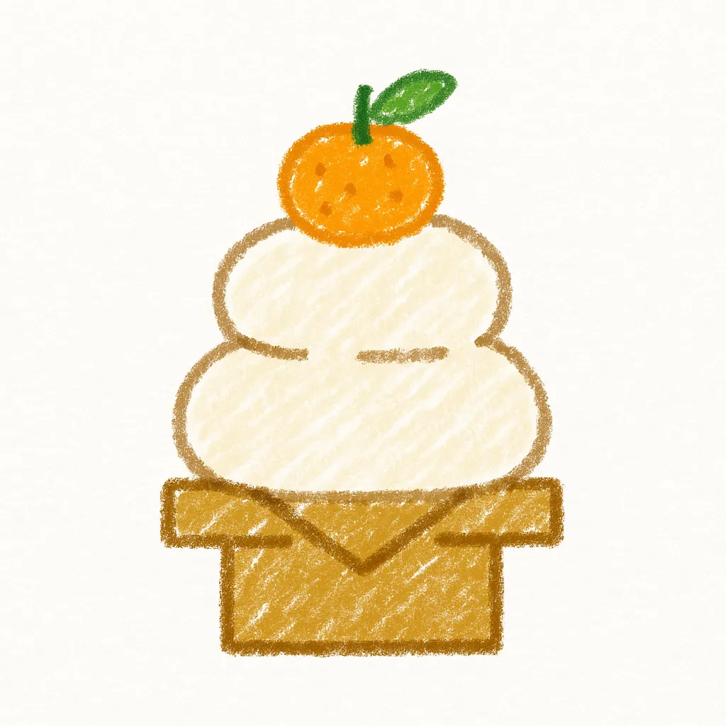 お正月鏡餅と梅飾りのイラスト｜鮮やかな配色と太めの線で仕上げられたお正月鏡餅のデザインです。華やかで印象的な見た目が特徴で、広告や新年の企画資料に活気を添えるビジネス写真素材として活用可能です。