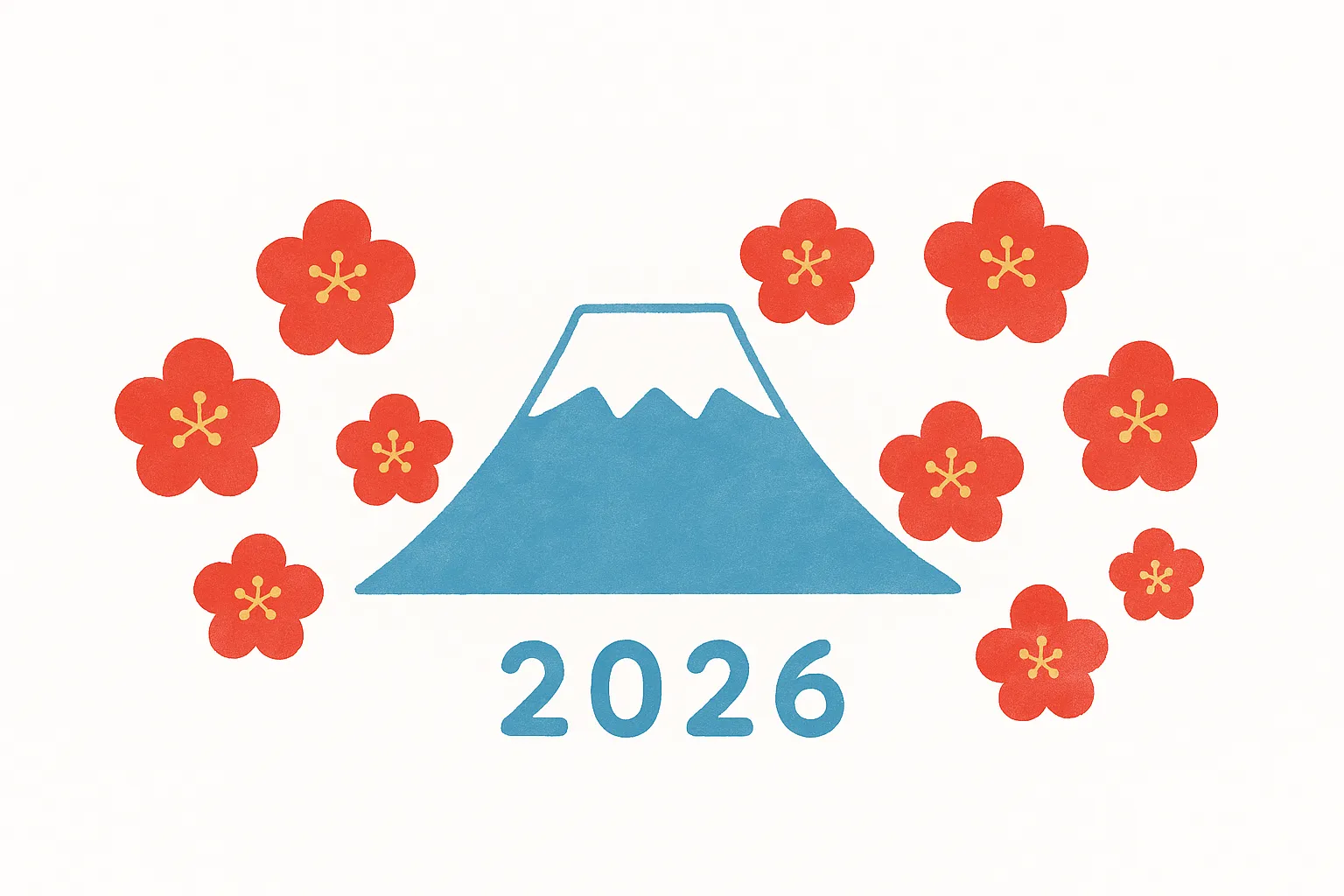 お正月富士山と梅の花と数字2026｜シンプルで鮮やかな配色が目を引くお正月富士山のデザインです。周囲の梅の花と年号が新年らしさを強調し、広告や挨拶状に使いやすいビジネス写真素材となっています。