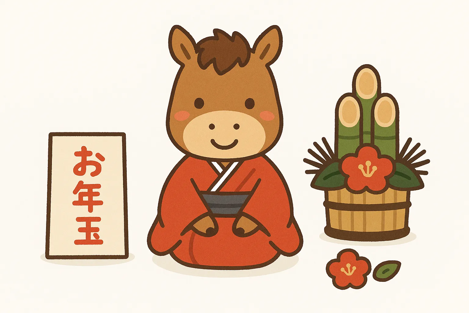 お正月着物を着た馬のキャラクター｜赤い着物をまとった馬のキャラクターと門松が並ぶイラストです。親しみやすい表情が特徴で、年始の広告や挨拶状に活用しやすいお正月着物のビジネス写真素材として適しています。