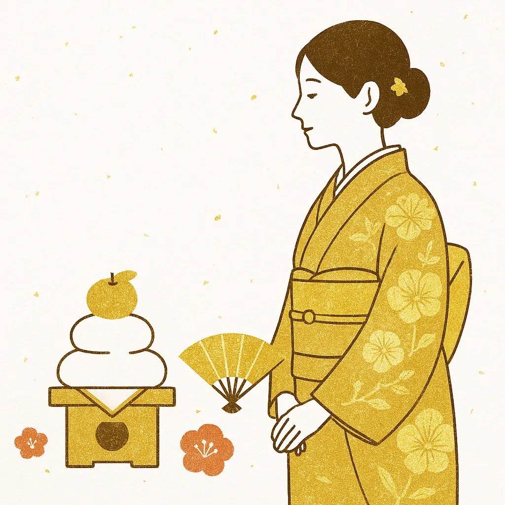 お正月着物姿の女性と鏡餅｜金色の和風タッチで描かれた女性と鏡餅のイラストです。上品で落ち着いた雰囲気があり、企業の年賀状や公式資料に活用できるお正月着物の素材として信頼感を与えます。