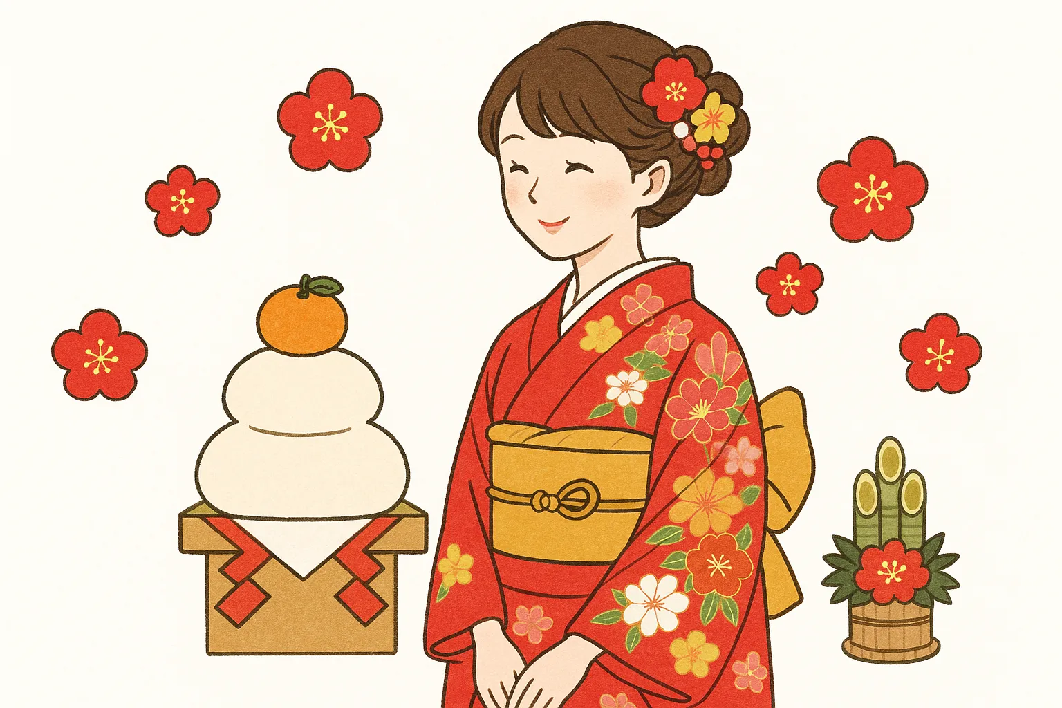 お正月着物を着た女性と梅の花｜華やかな赤い着物の女性と鏡餅、梅の花が組み合わされたイラストです。明るく華やかな印象で、新年のプロモーションやイベント告知に適したお正月着物の素材です。