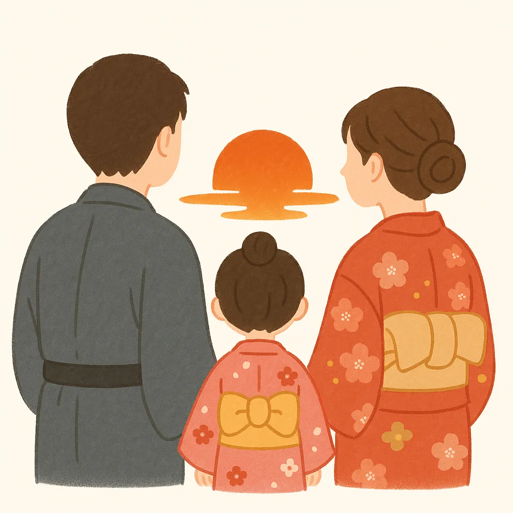 お正月着物を着た家族と初日の出｜後ろ姿で初日の出を見上げる家族が描かれたイラストです。和やかで落ち着いた雰囲気が特徴で、年始の挨拶や社内向け資料に活用できるお正月着物のビジネス素材です。
