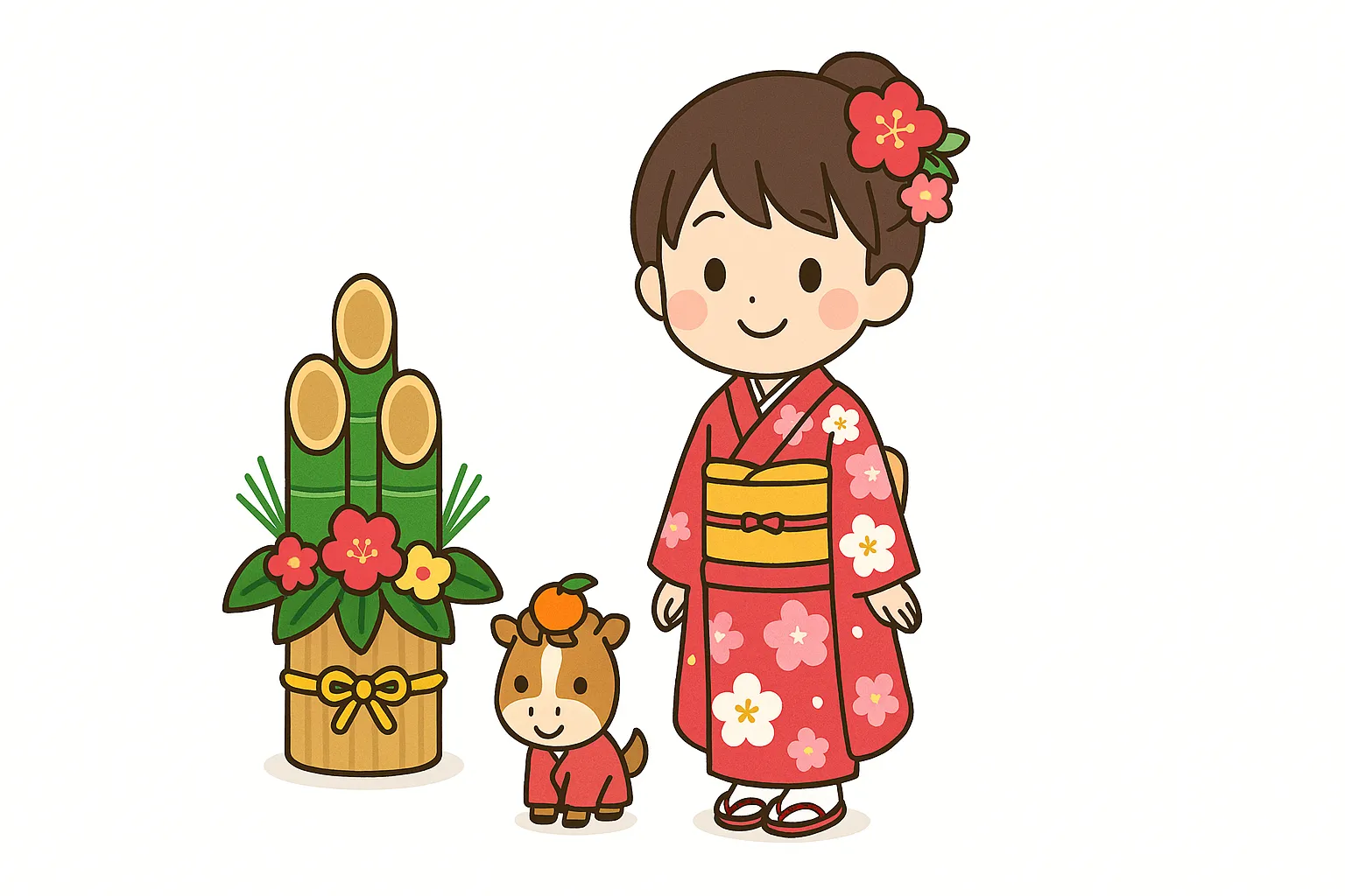 お正月着物の女性と子どものイラスト｜門松と並んで立つ女性と小さな馬のキャラクターが描かれたイラストです。温かみのある色彩で表現され、新年の広告や広報に最適なお正月着物のビジネス写真素材です。