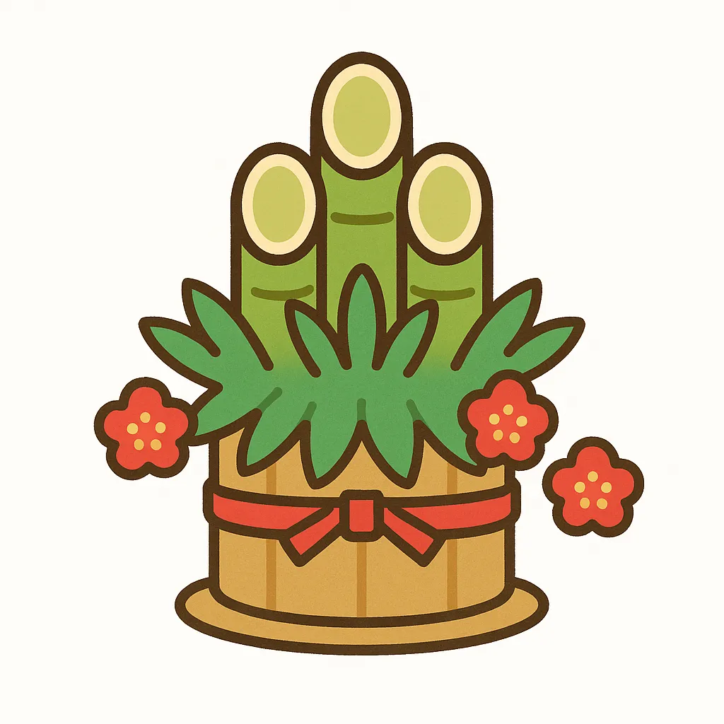 かわいい門松と梅の花のイラスト｜シンプルで柔らかい線と色合いで描かれたかわいい門松のデザインです。赤い梅の花がアクセントとなり、年始の挨拶や販促資料などに幅広く活用できる親しみやすいビジネス写真素材です。
