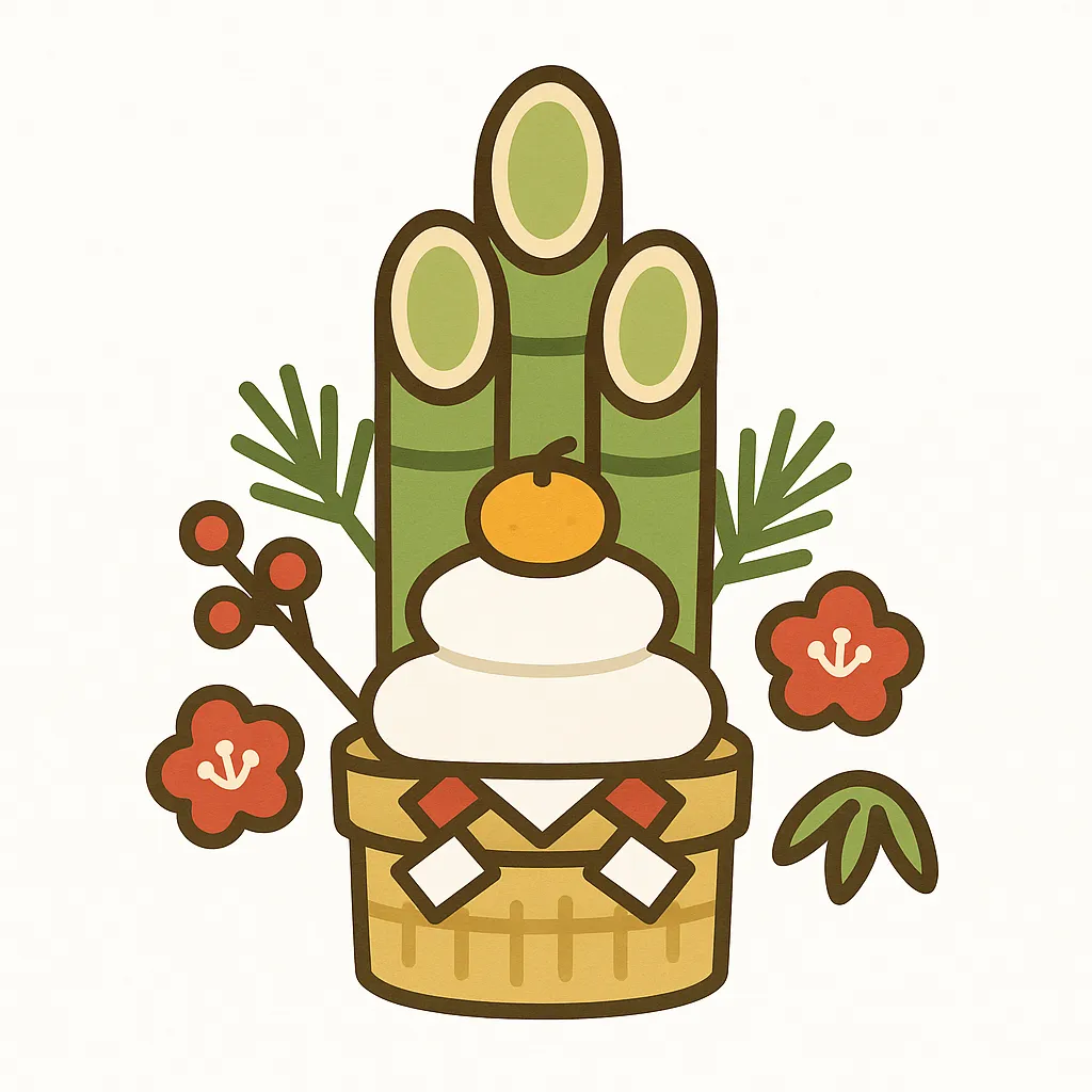 かわいい門松と鏡餅のイラスト｜門松の中央に鏡餅を組み合わせた華やかな構成のかわいい門松のイラストです。縁起の良さを表現し、新年の広告やイベント告知に適した明るく使いやすいビジネス写真素材となっています。