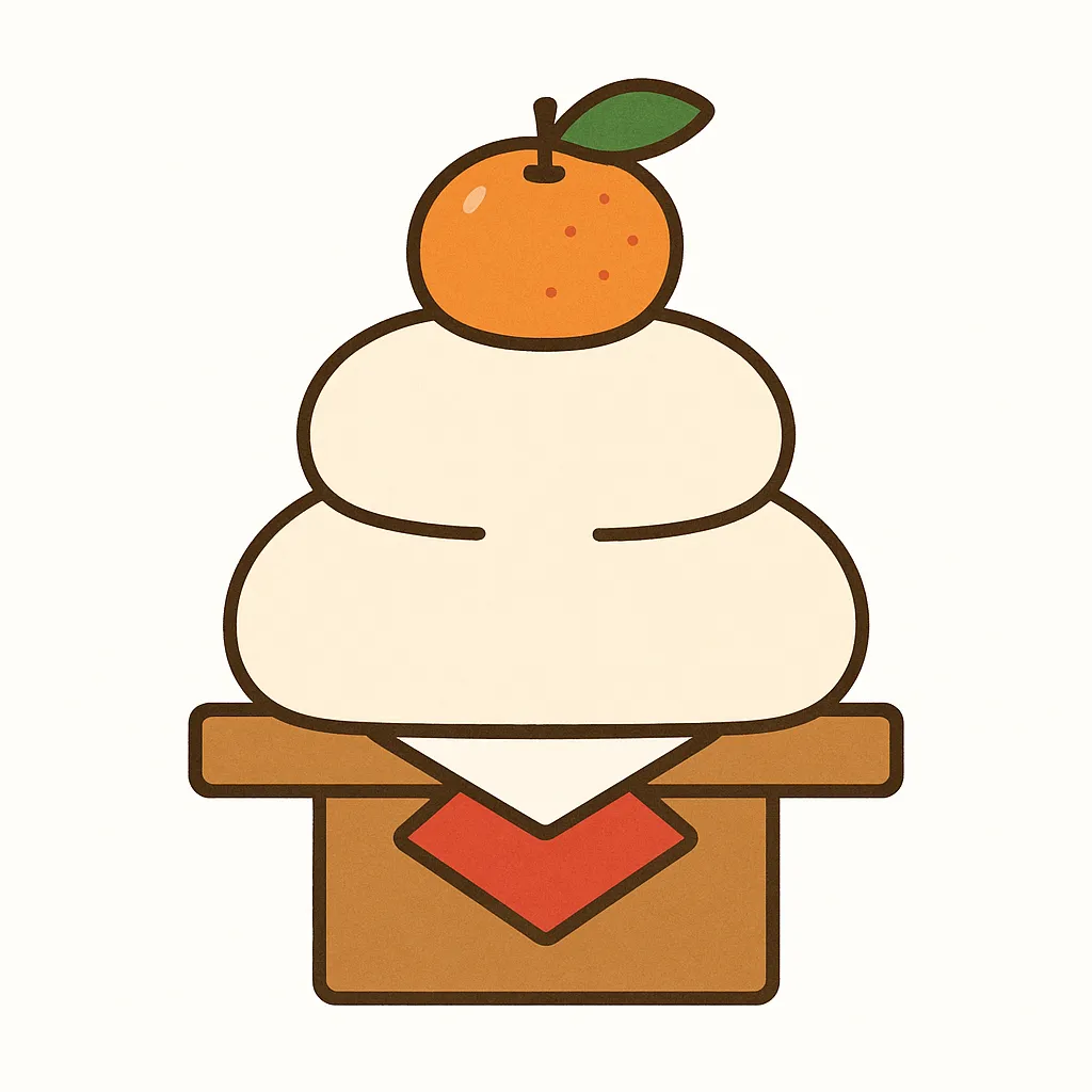 かわいい鏡餅とみかんのイラスト｜やさしい色合いで描かれたかわいい鏡餅のデザインです。シンプルで柔らかい印象が特徴で、年始の挨拶状や企業の広告など、幅広いビジネス用途に安心して使える素材です。