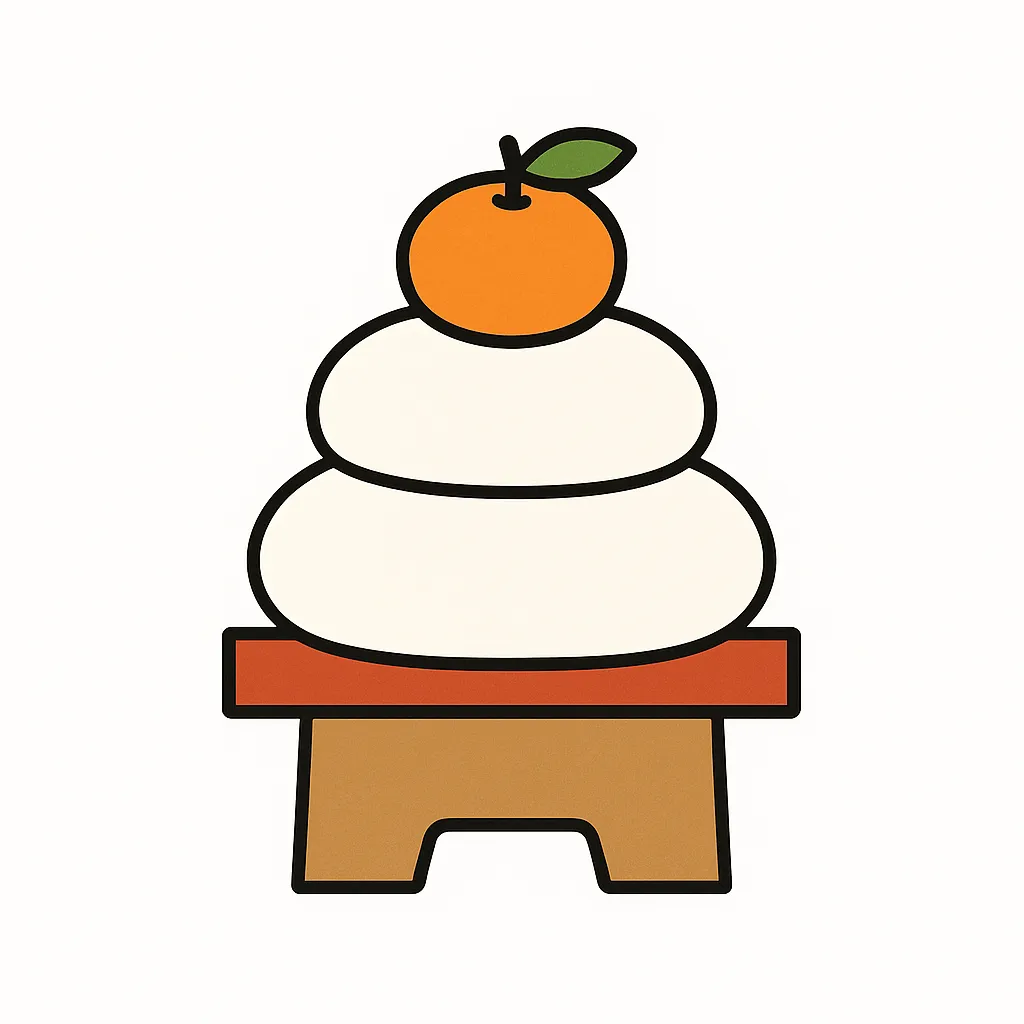 かわいい鏡餅のシンプルな構成｜直線的でくっきりとした線を使い、簡潔に表現されたかわいい鏡餅のイラストです。無駄のないデザインが印象的で、ビジネス資料や広告において活用しやすい視認性の高い素材です。