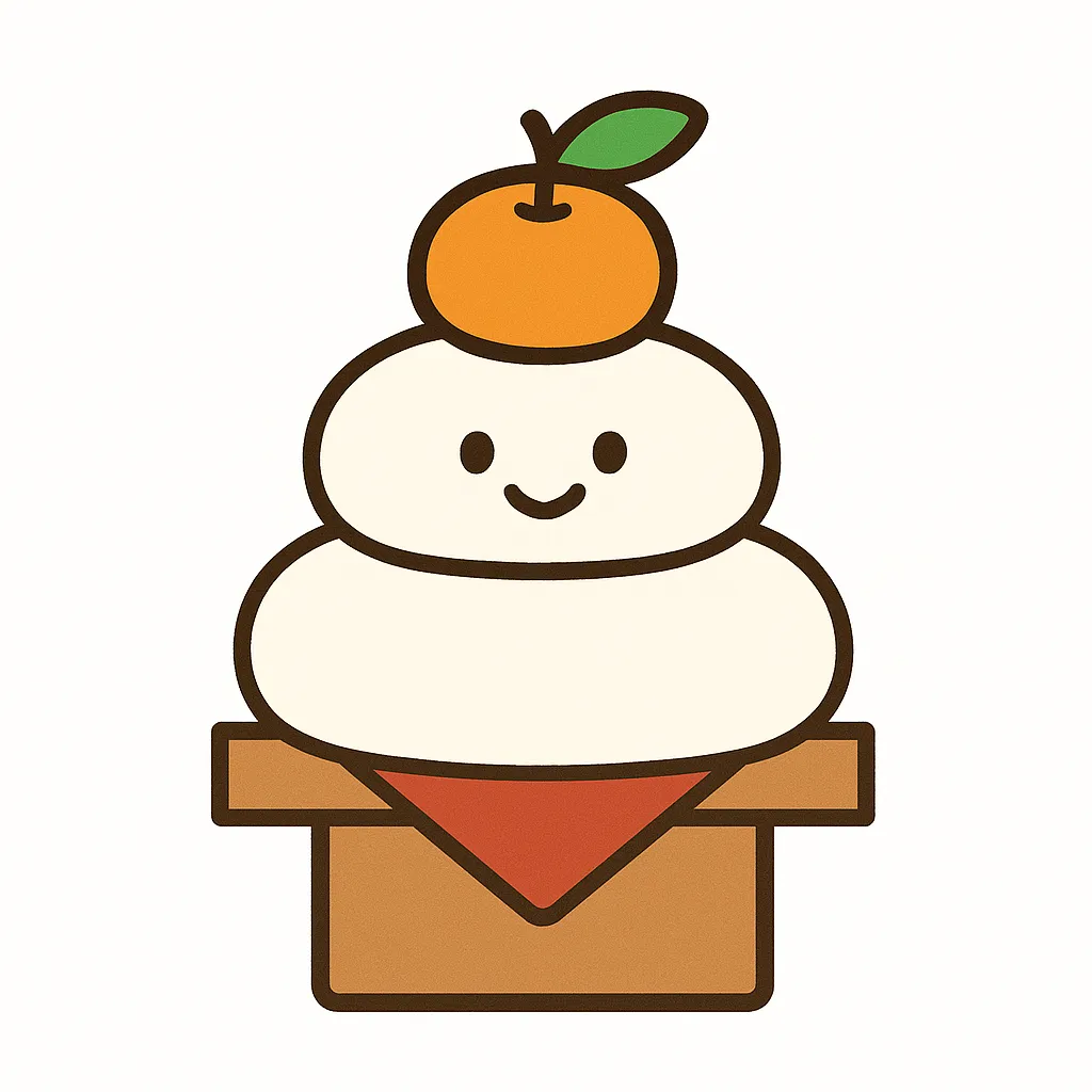 かわいい鏡餅の笑顔イラスト｜顔が描かれたユニークなかわいい鏡餅のイラストです。親しみやすさと楽しさを兼ね備え、新年の販促物やSNS用素材として使うことで企業のメッセージに明るさを添えられるビジネス写真素材です。