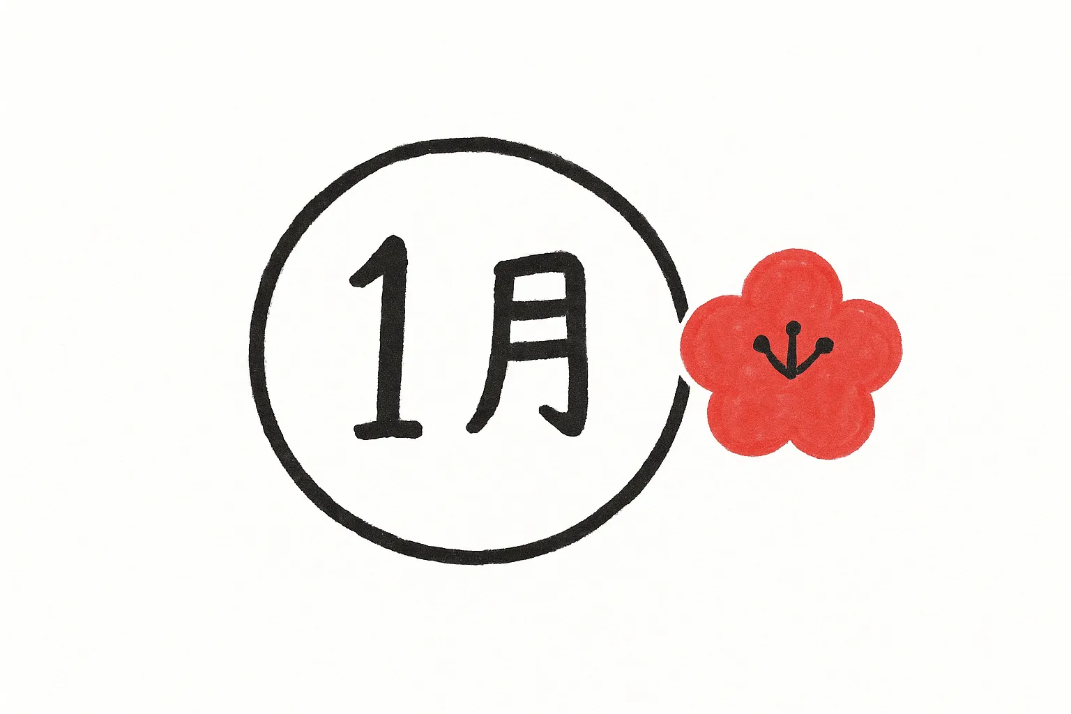 手書き1月の梅の花素材｜シンプルな円の中に1月の文字と赤い梅の花が描かれています。太めの黒線と鮮やかな差し色が特徴で、手書き1月の素朴さと親しみやすさを感じさせるビジネス素材として利用できます。