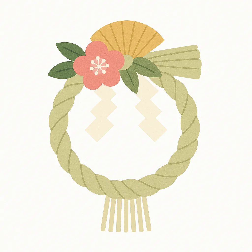 扇と梅をあしらったしめ縄イラスト｜扇と梅の花をあしらった明るい色合いのしめ縄です。柔らかい雰囲気があり、幅広い層に親しまれやすいデザインで、新年の広報や広告に効果的なビジネス写真素材です。