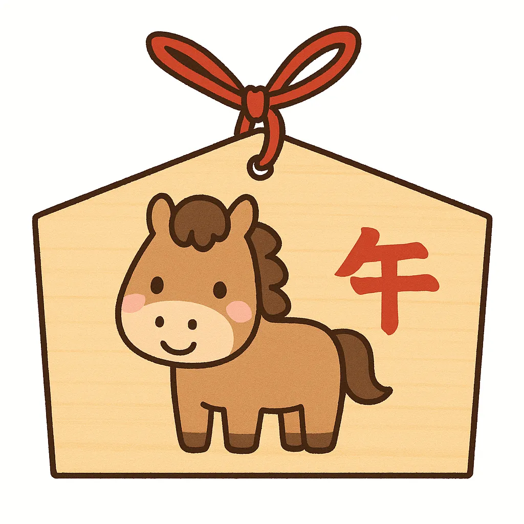 かわいい絵馬と干支の馬イラスト｜全身の馬と干支の文字を組み合わせたかわいい絵馬のデザインです。木目調の背景に赤い文字が映え、新年を象徴する素材として企業の販促やイベント告知に最適です。