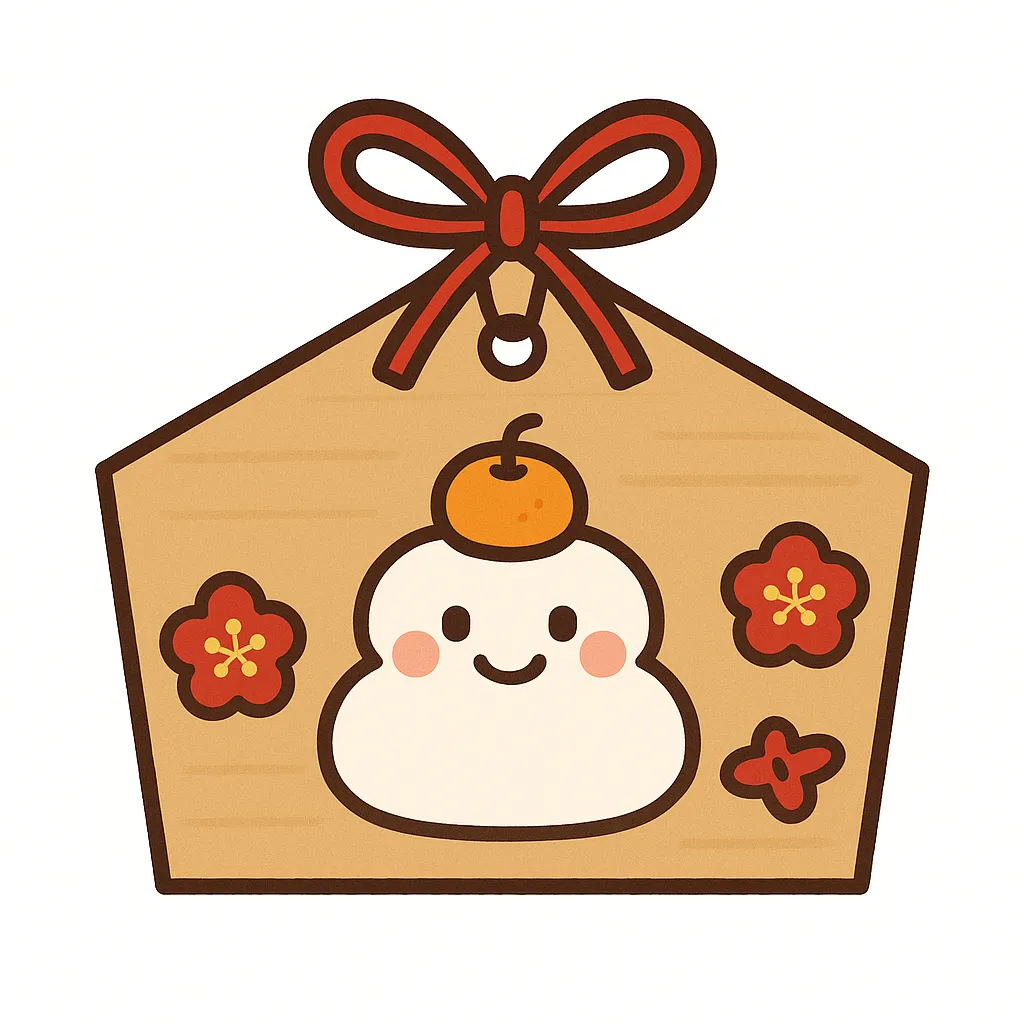 かわいい絵馬と鏡餅のイラスト｜笑顔の鏡餅をあしらったかわいい絵馬のデザインです。梅の花が彩りを添え、楽しい雰囲気を演出しています。SNS配信用や年始の広報資料に活用できるビジネス写真素材です。