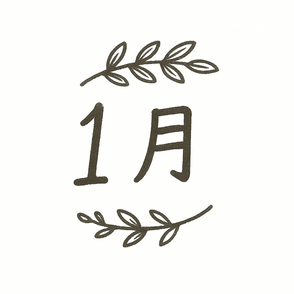手書き1月のリーフ飾り素材｜上下にリーフ模様を添えて文字を囲む構成です。柔らかな黒インク風の線が特徴で、手書き1月をナチュラルで落ち着いた雰囲気に仕上げています。自然やシンプルさを演出する素材に適しています。