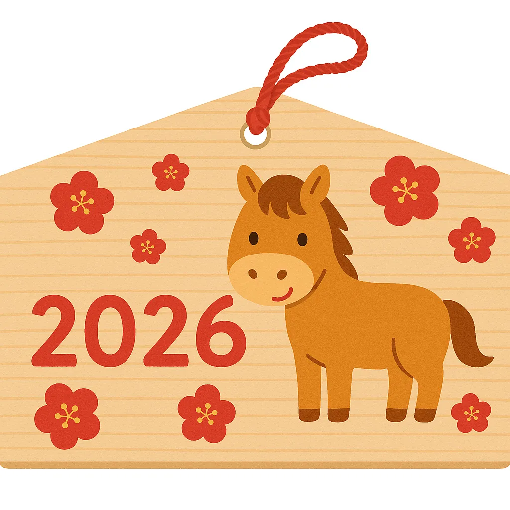 2026絵馬と梅模様の馬イラスト｜梅の花をちりばめた華やかな2026絵馬で、馬が中央に配置されています。明るく鮮やかな配色が印象的で、年始の素材や販促物に適しています。ビジネス写真素材として視認性と季節感を両立させています。
