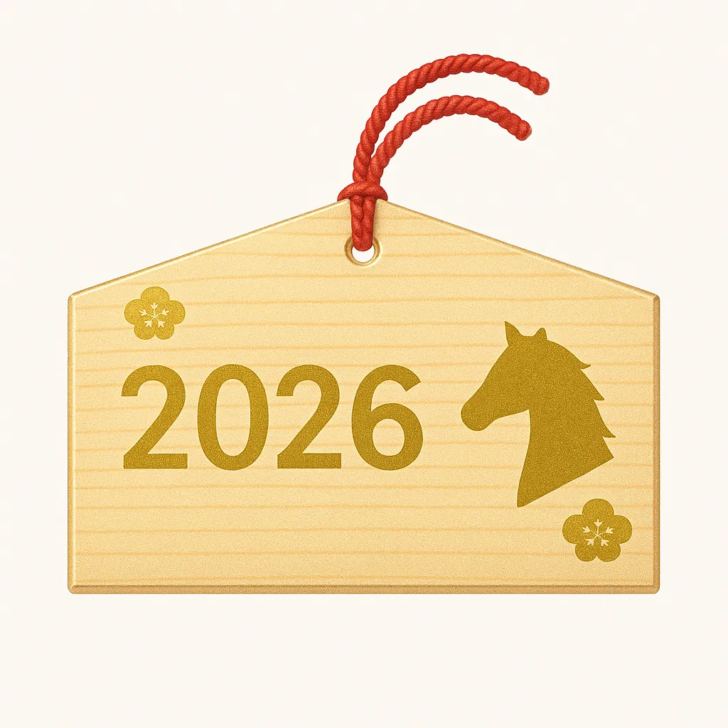 2026絵馬と金色の馬シルエット｜シンプルながら高級感のある2026絵馬で、金色の馬シルエットと梅模様がアクセントになっています。余白を活かした端正なデザインで、資料や広告に取り入れることで上質な雰囲気を演出できるビジネス写真素材です。