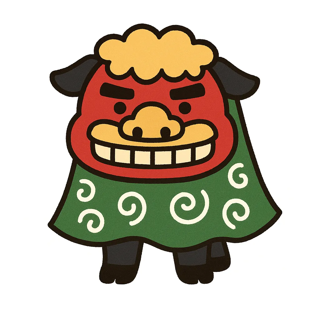 かわいい獅子舞の迫力あるイラスト｜力強い目元と歯を見せた表情が特徴的なかわいい獅子舞のイラストです。太い輪郭線と鮮やかな色合いが印象を強め、販促や広告デザインに適しています。ビジネス写真素材として迫力と華やかさを同時に表現できます。