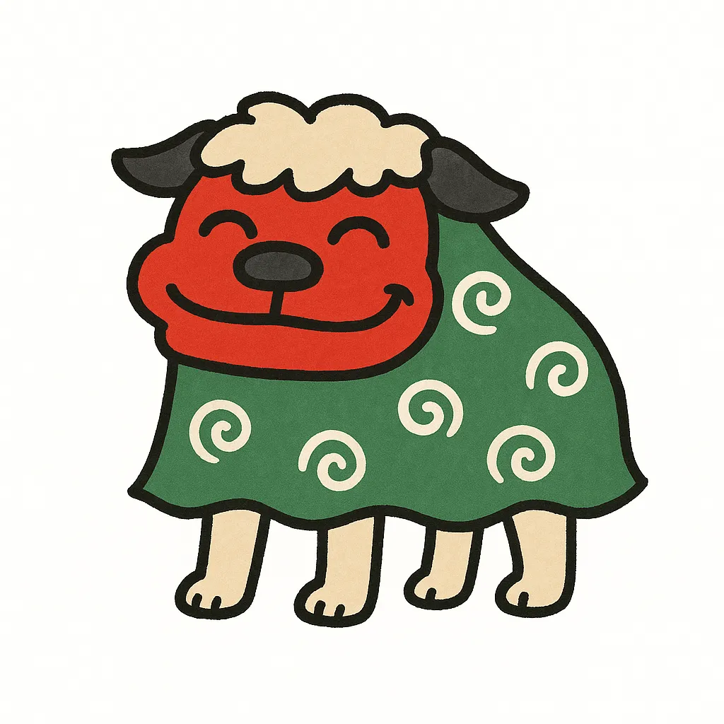 ゆるい獅子舞のにっこりイラスト｜丸みを帯びたフォルムと笑顔が特徴的なゆるい獅子舞のイラストです。親しみやすいタッチで描かれており、年始の素材や行事関連のビジネス写真素材として活用しやすい、やわらかな印象のデザインです。