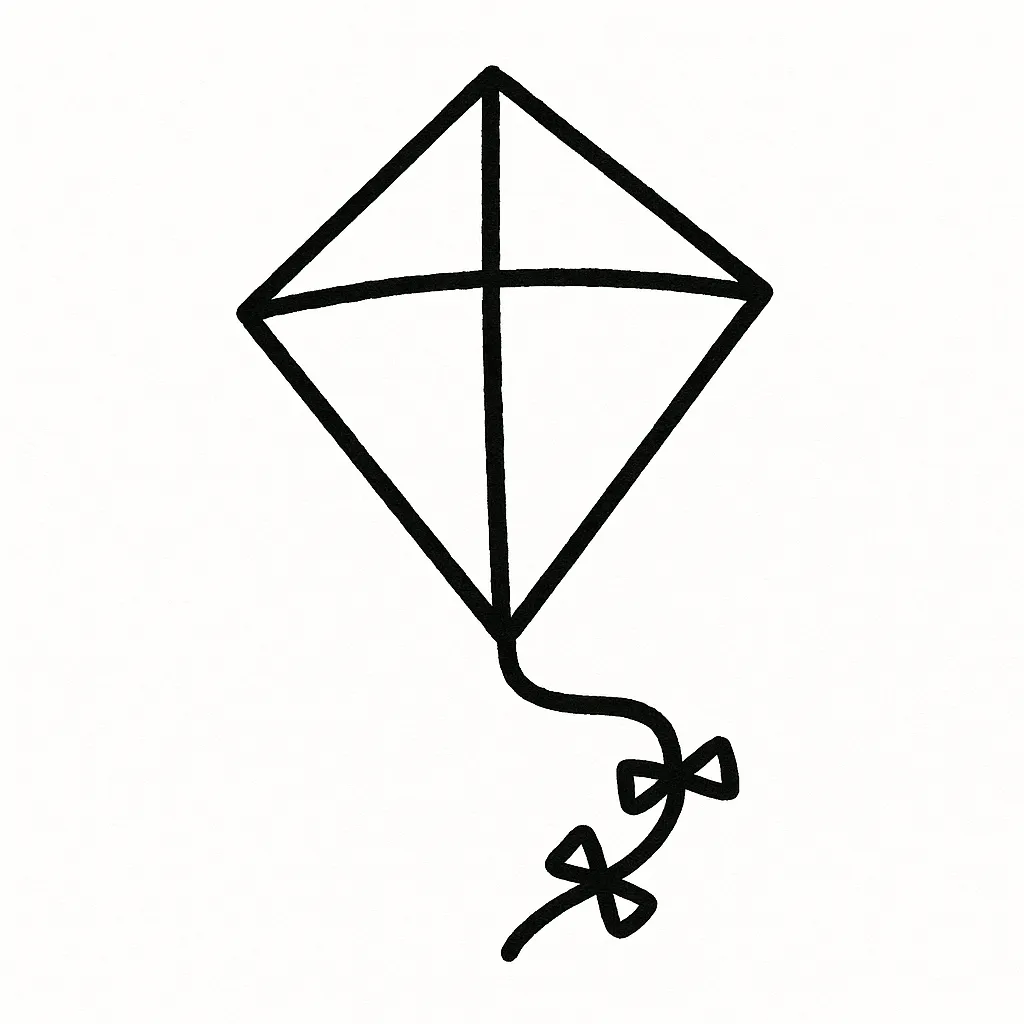 手書き凧の太線イラスト｜太めの黒線でしっかりと形を強調した手書き凧のイラストです。明快なアウトラインが視認性を高め、資料やポスターなどで活用しやすい仕上がりです。ビジネス写真素材としても使いやすい構成です。