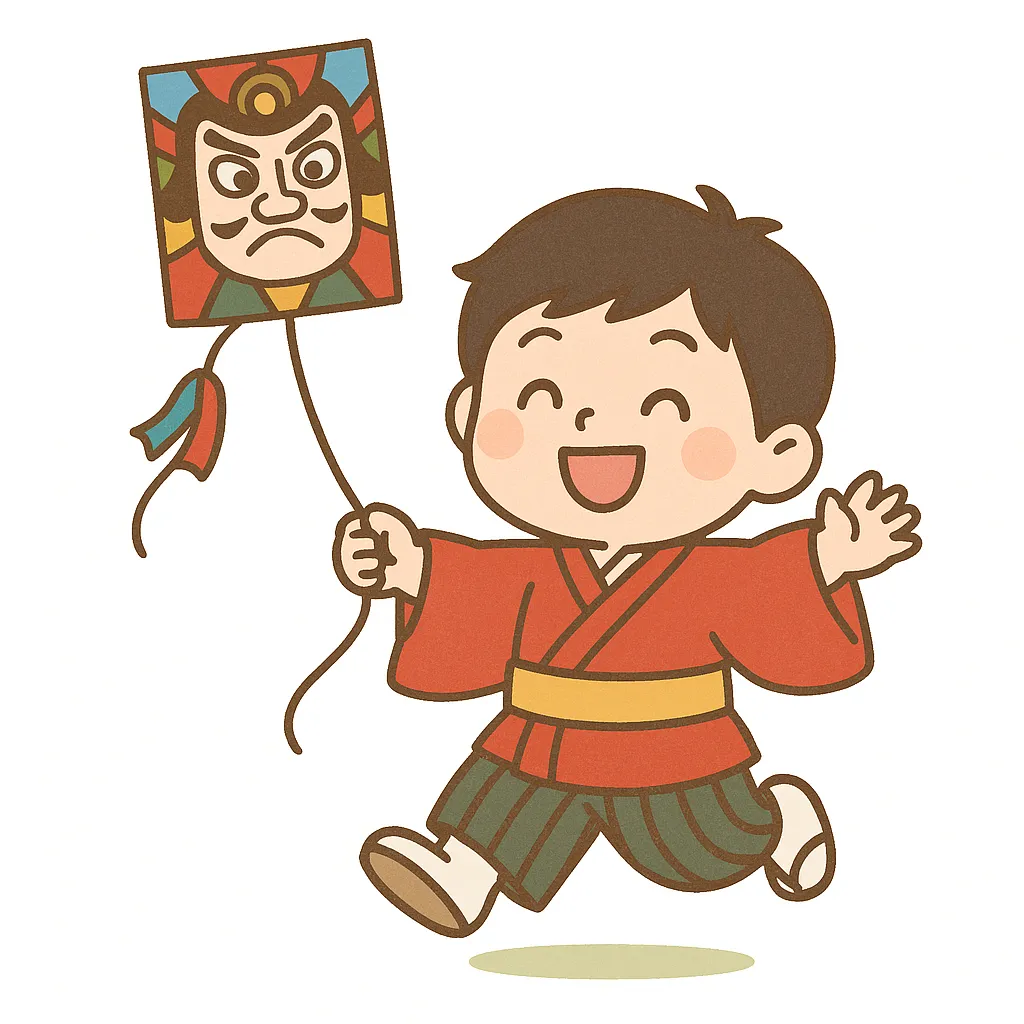 かわいい凧揚げを楽しむ子供のイラスト｜和服姿の子供が伝統的な絵柄の凧を持って走るかわいい凧揚げのイラストです。親しみやすい色合いと柔らかな線で描かれ、資料や販促物に季節感を演出するビジネス写真素材として適しています。