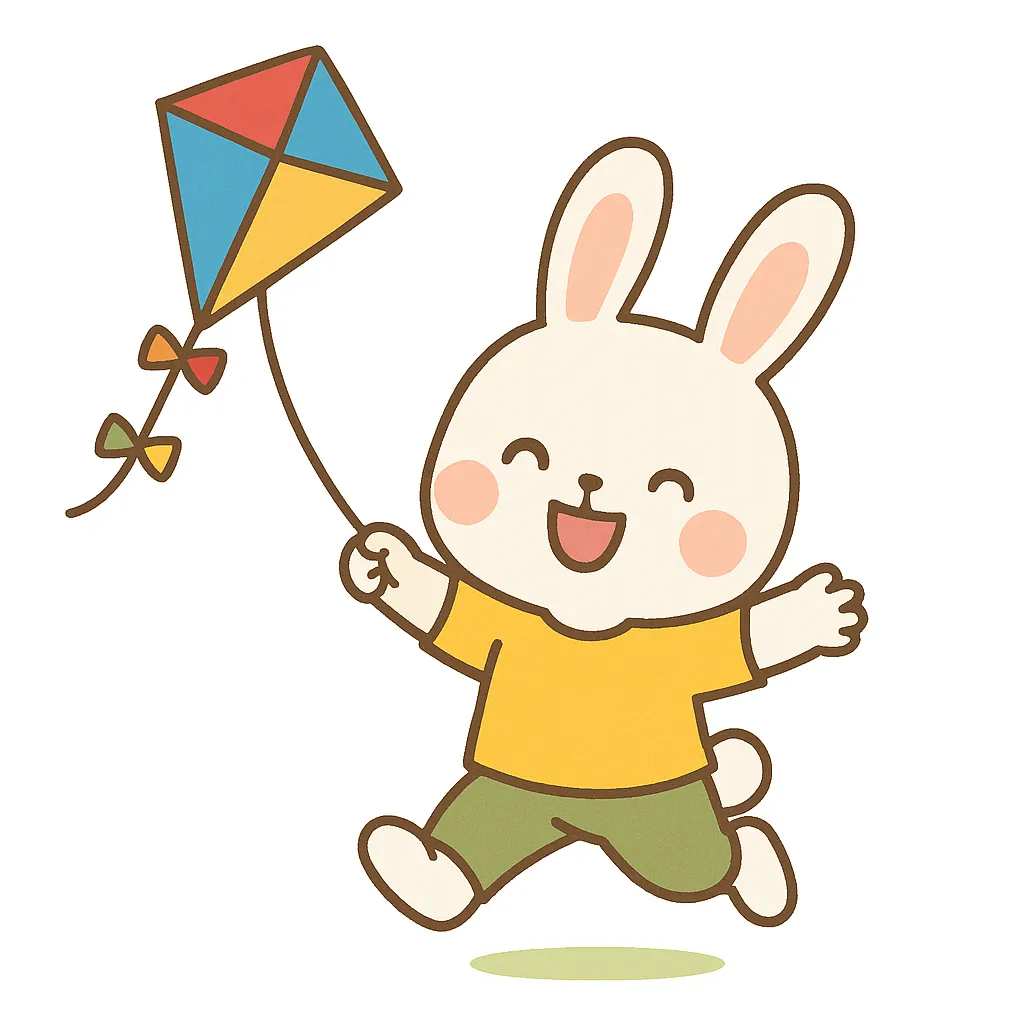 かわいい凧揚げを楽しむうさぎのイラスト｜笑顔のうさぎがカラフルな凧を揚げているかわいい凧揚げのイラストです。ポップな色彩とシンプルな構図が視覚的に楽しく、子供向けイベントや広報物に活用できるビジネス写真素材です。
