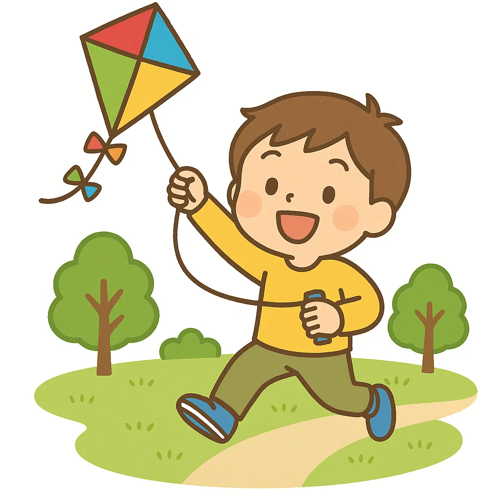 かわいい凧揚げをする男の子のイラスト｜緑の公園で凧を揚げながら走る男の子を描いたかわいい凧揚げのイラストです。明るい配色と柔らかいタッチが自然な雰囲気を伝え、教育や販促資料に適したビジネス写真素材です。